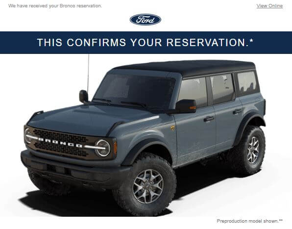 Confirmed Reservation for Mark Armormax Ford Bronco