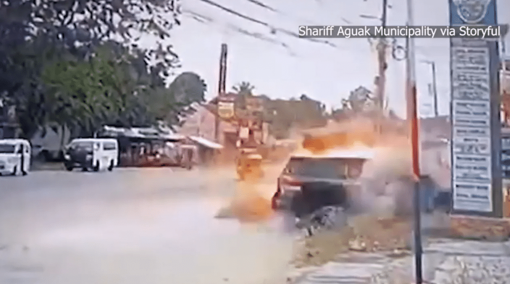CCTV in Shariff Aguak, Maguindanao del Sur, on January 25, 2026, where Mayor Akmad Mitra Ampatuan cheated death in a scene straight Armored Landcruiser